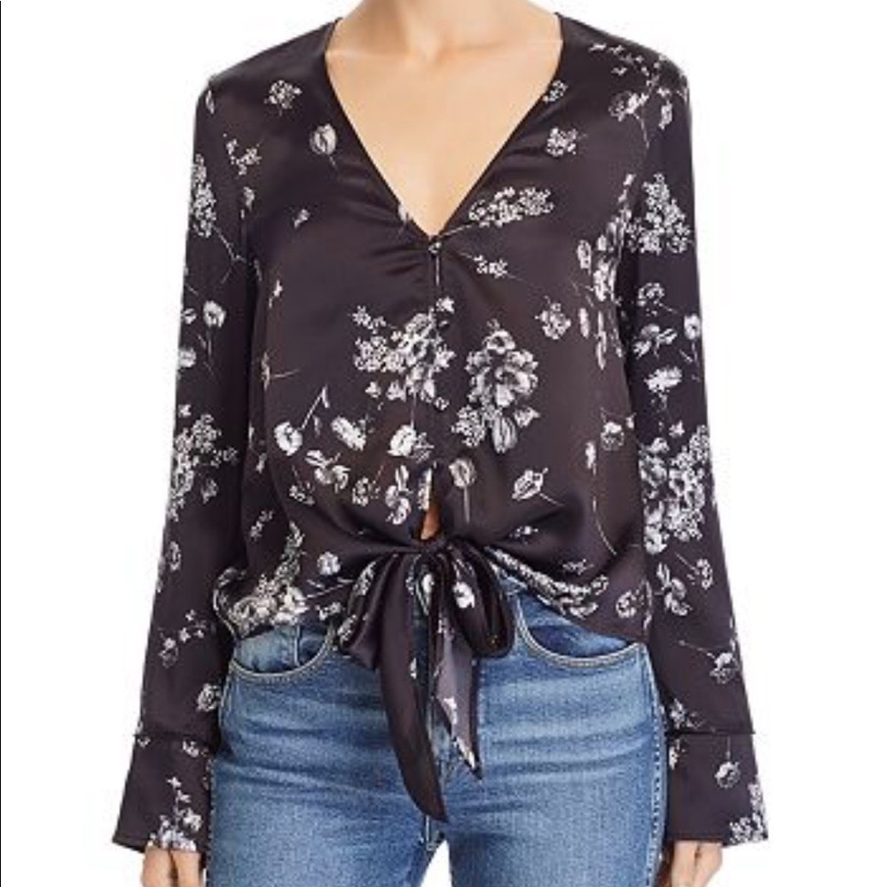 Cami NYC Lila Tie Detail Floral Silk Blouse Long Sleeve Black XS